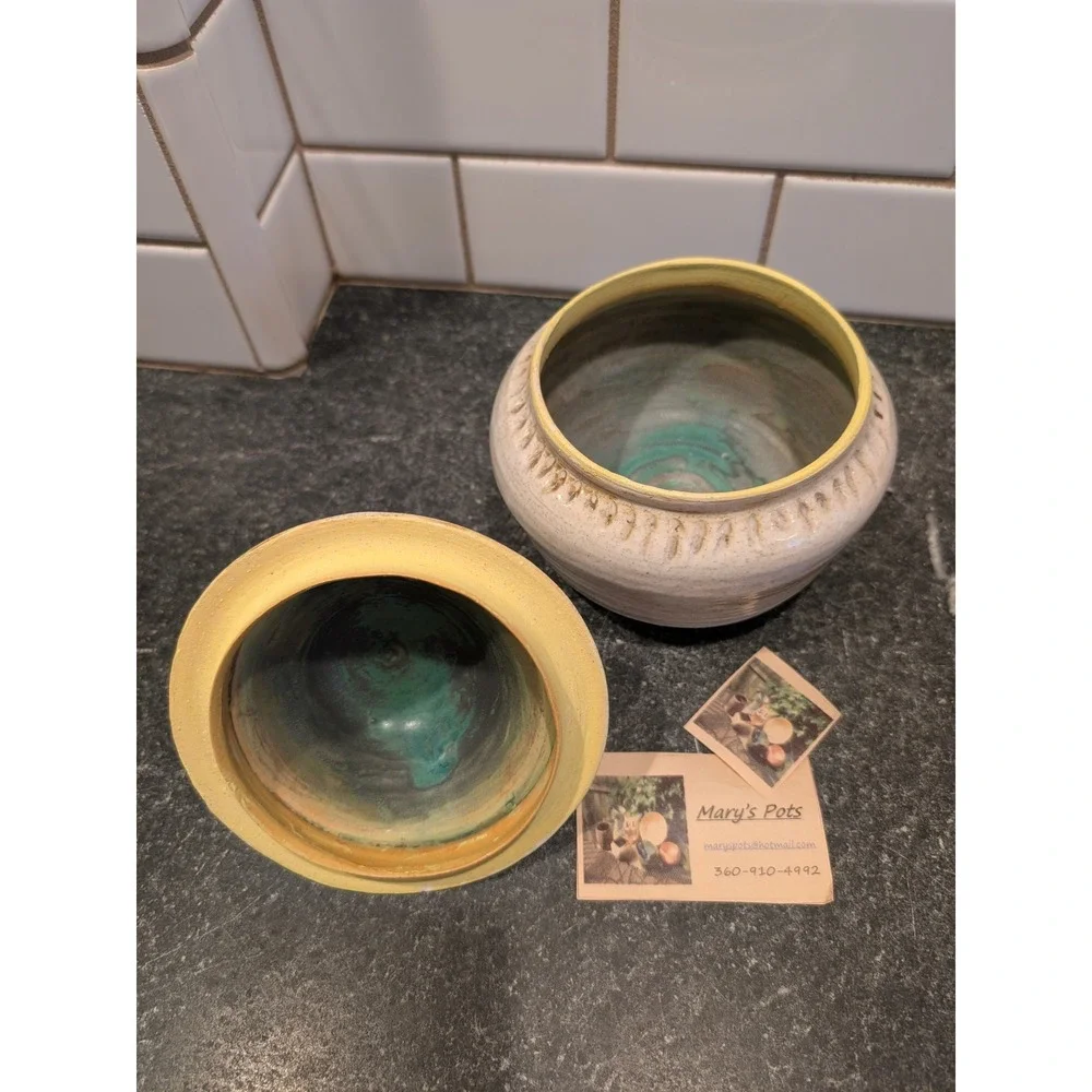 Mary's Pots Studio Pottery Lidded Jar Cream Yellow Teal Hand Thrown Signed MS